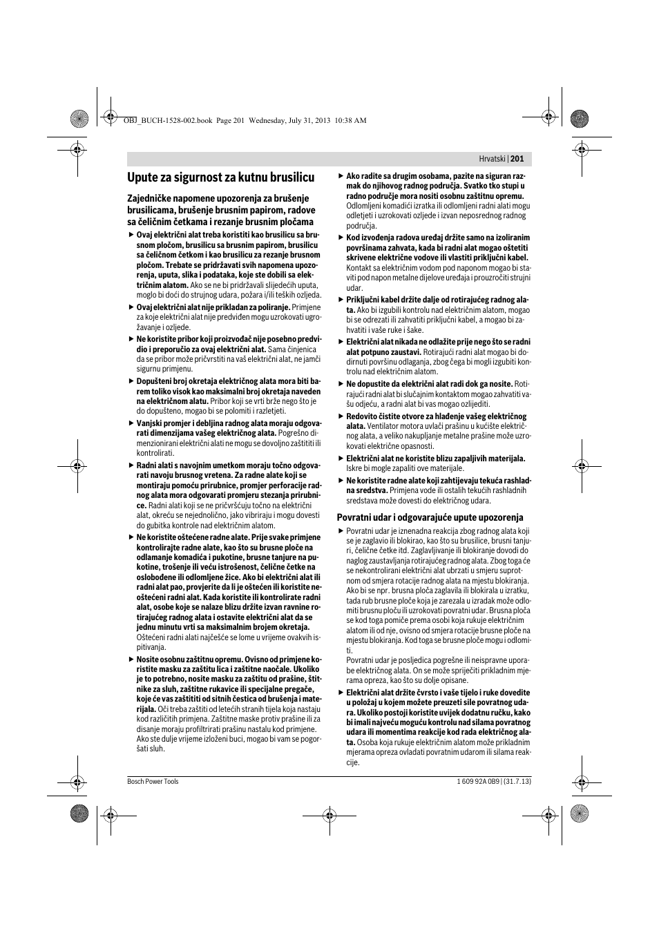 Upute za sigurnost za kutnu brusilicu | Bosch GWS 24-230 LVI Professional User Manual | Page 201 / 259