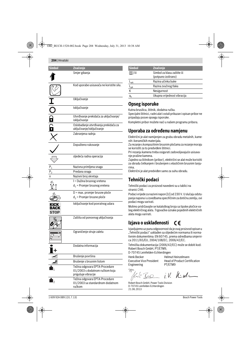 Opseg isporuke, Uporaba za određenu namjenu, Tehnički podaci | Izjava o usklađenosti | Bosch GWS 24-230 LVI Professional User Manual | Page 204 / 259