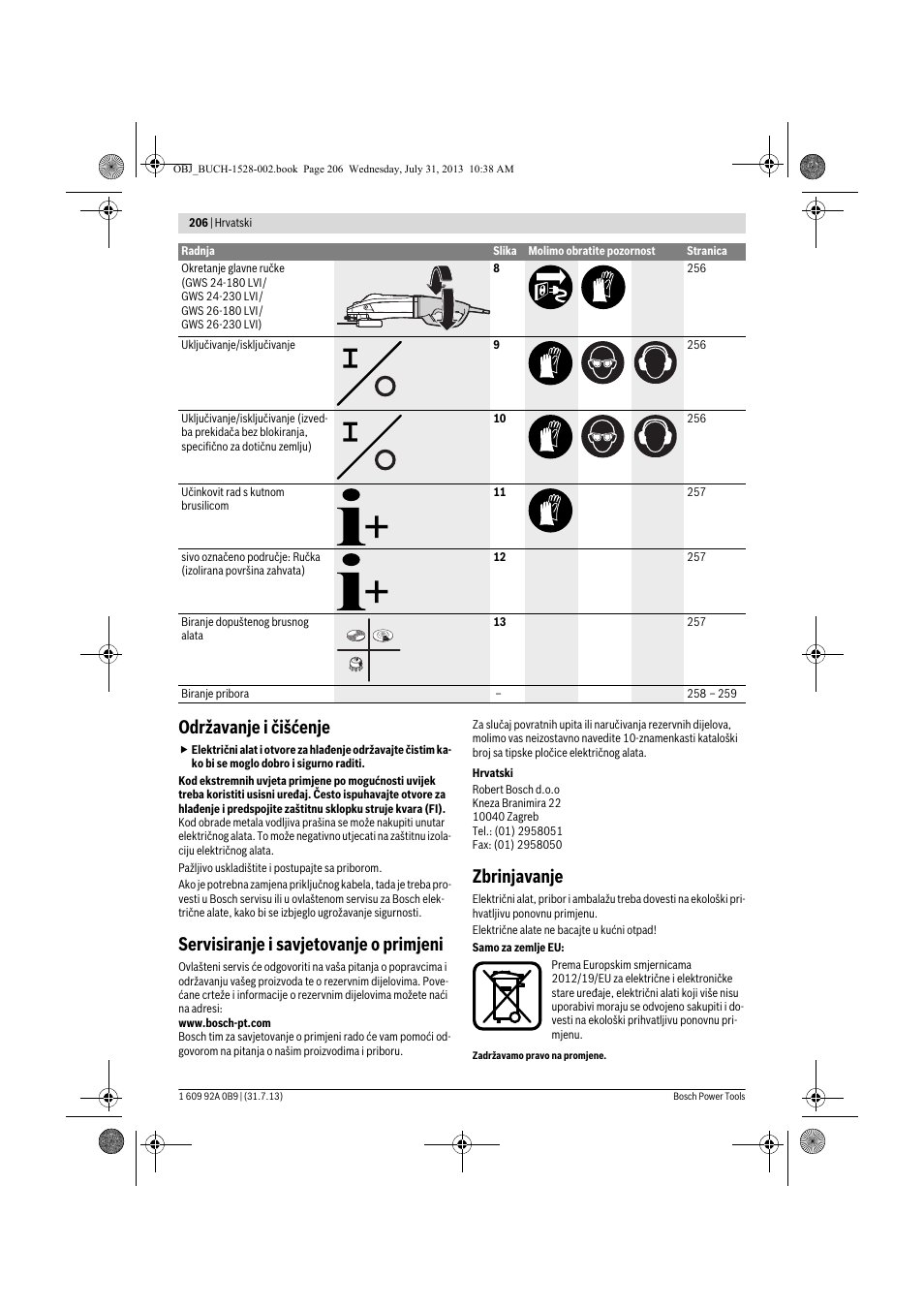 Održavanje i čišćenje, Servisiranje i savjetovanje o primjeni, Zbrinjavanje | Bosch GWS 24-230 LVI Professional User Manual | Page 206 / 259