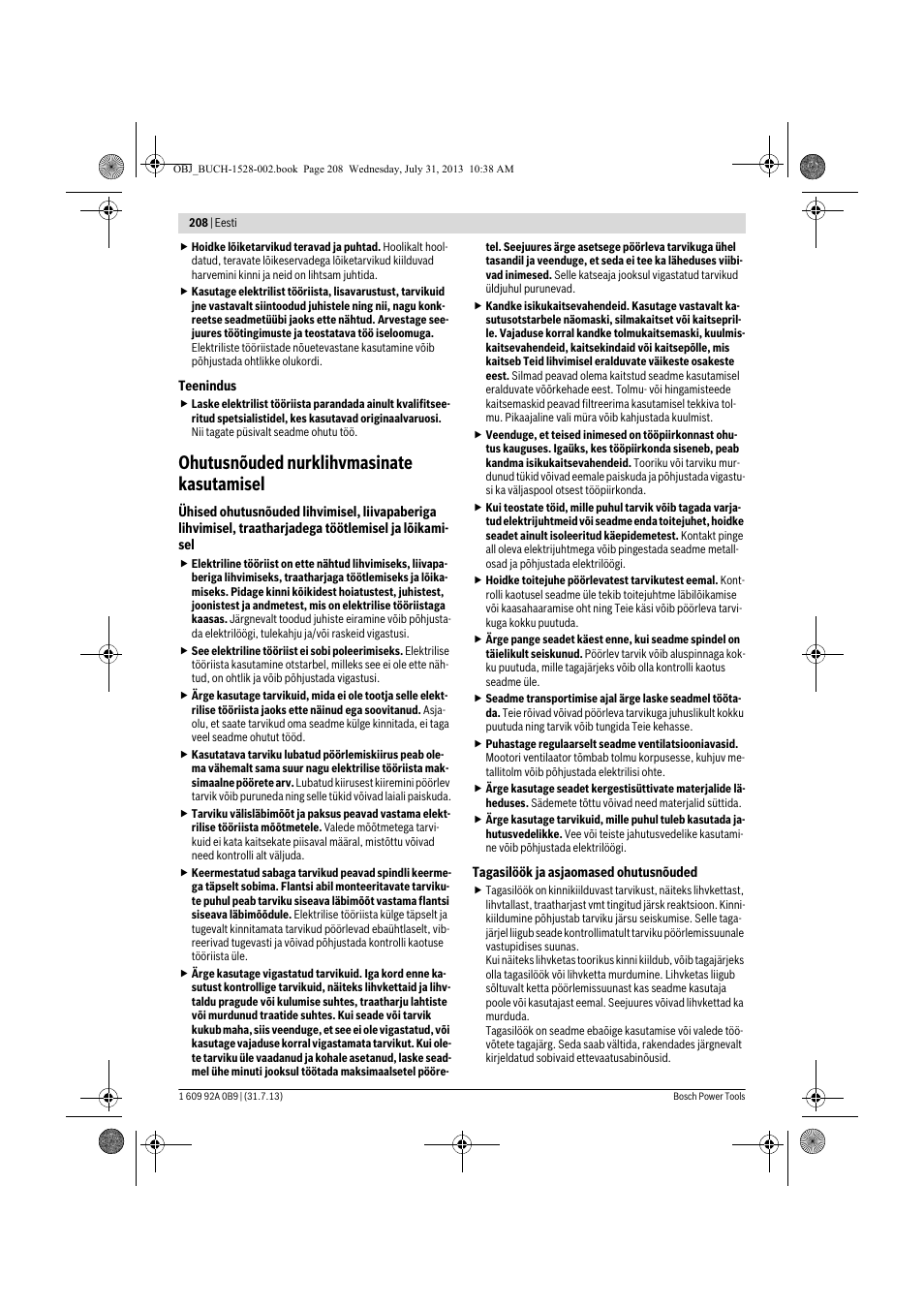 Ohutusnõuded nurklihvmasinate kasutamisel | Bosch GWS 24-230 LVI Professional User Manual | Page 208 / 259