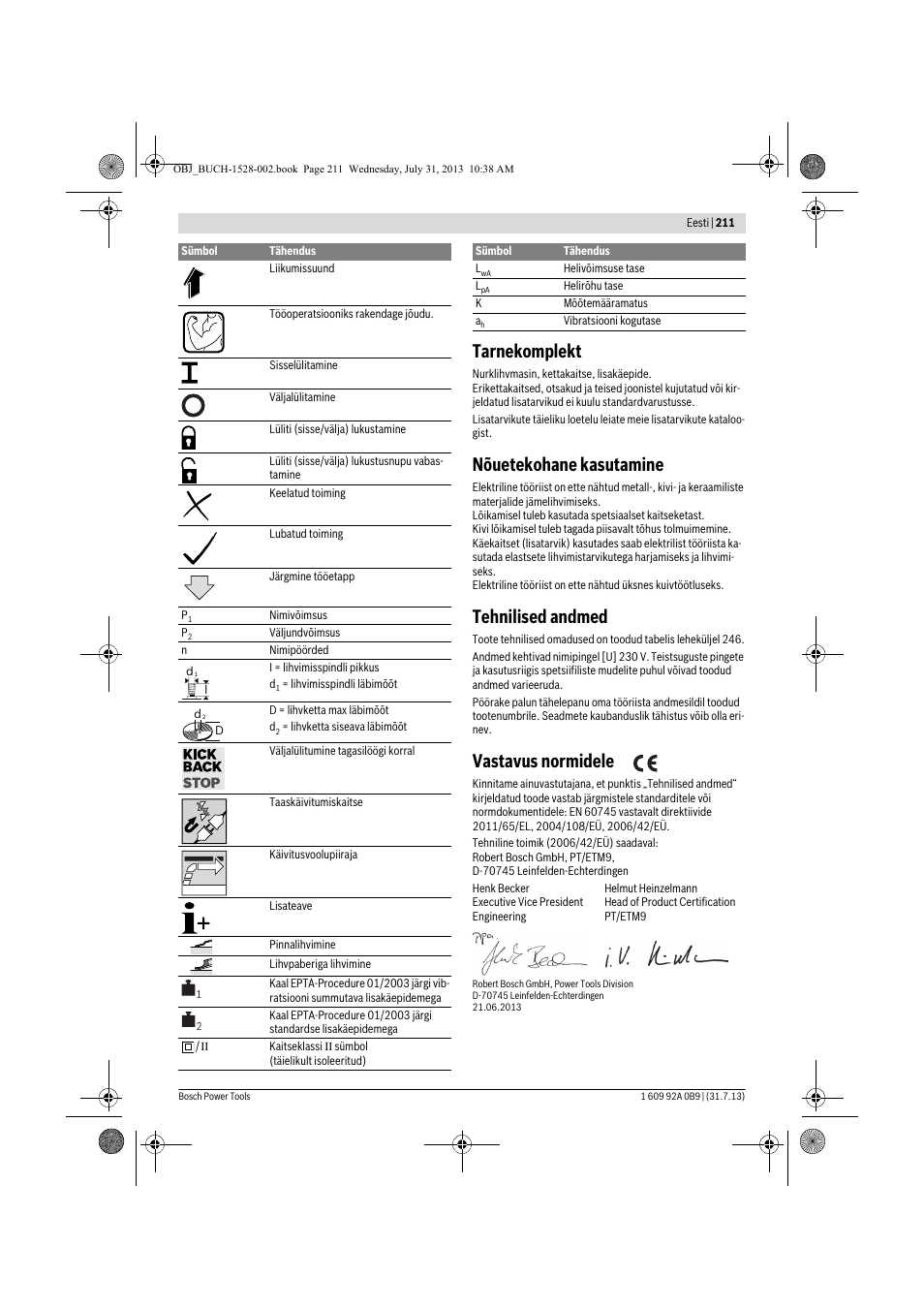 Tarnekomplekt, Nõuetekohane kasutamine, Tehnilised andmed | Vastavus normidele | Bosch GWS 24-230 LVI Professional User Manual | Page 211 / 259