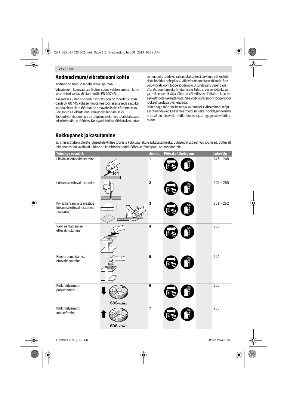 Andmed müra/vibratsiooni kohta, Kokkupanek ja kasutamine | Bosch GWS 24-230 LVI Professional User Manual | Page 212 / 259
