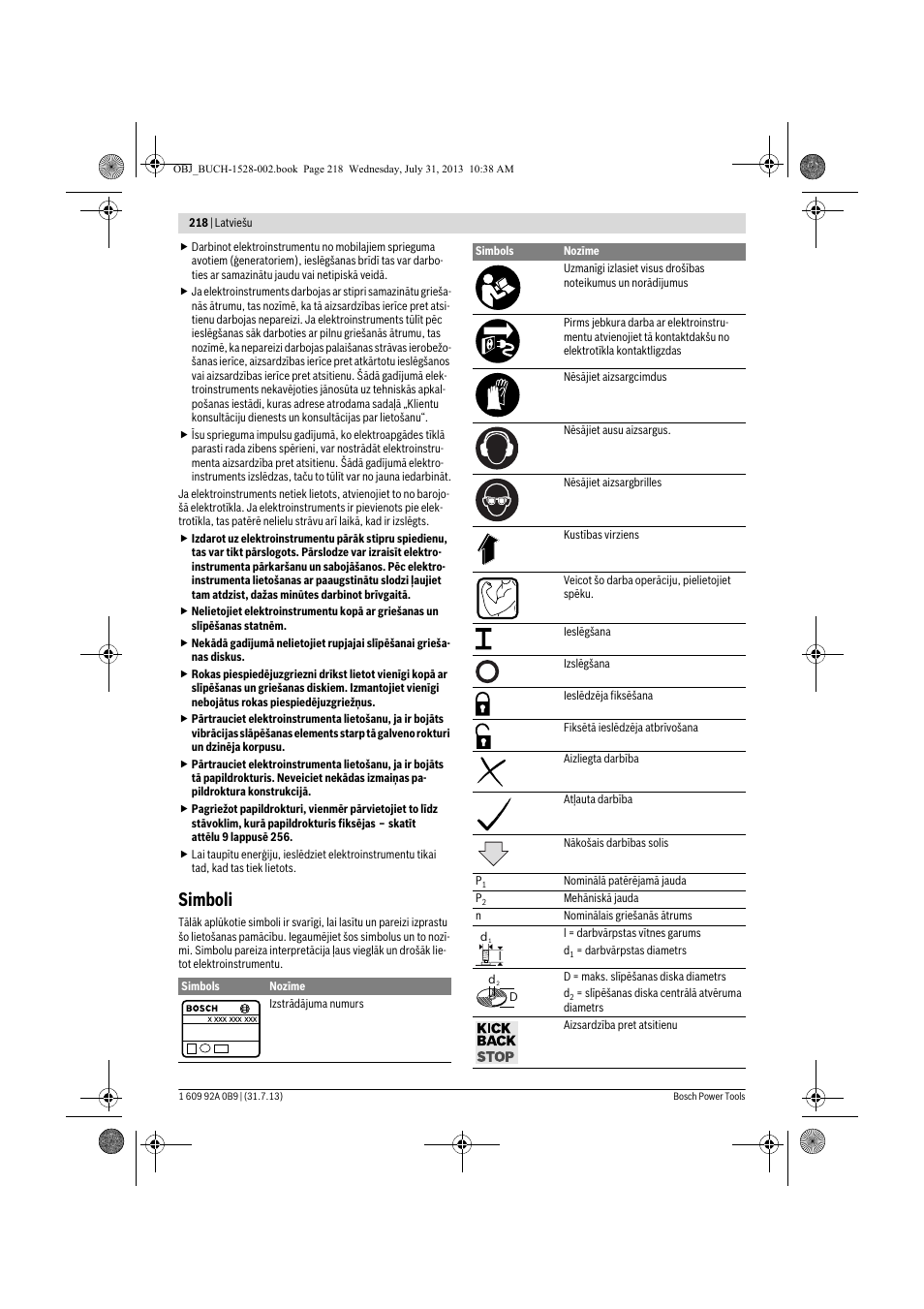 Simboli | Bosch GWS 24-230 LVI Professional User Manual | Page 218 / 259