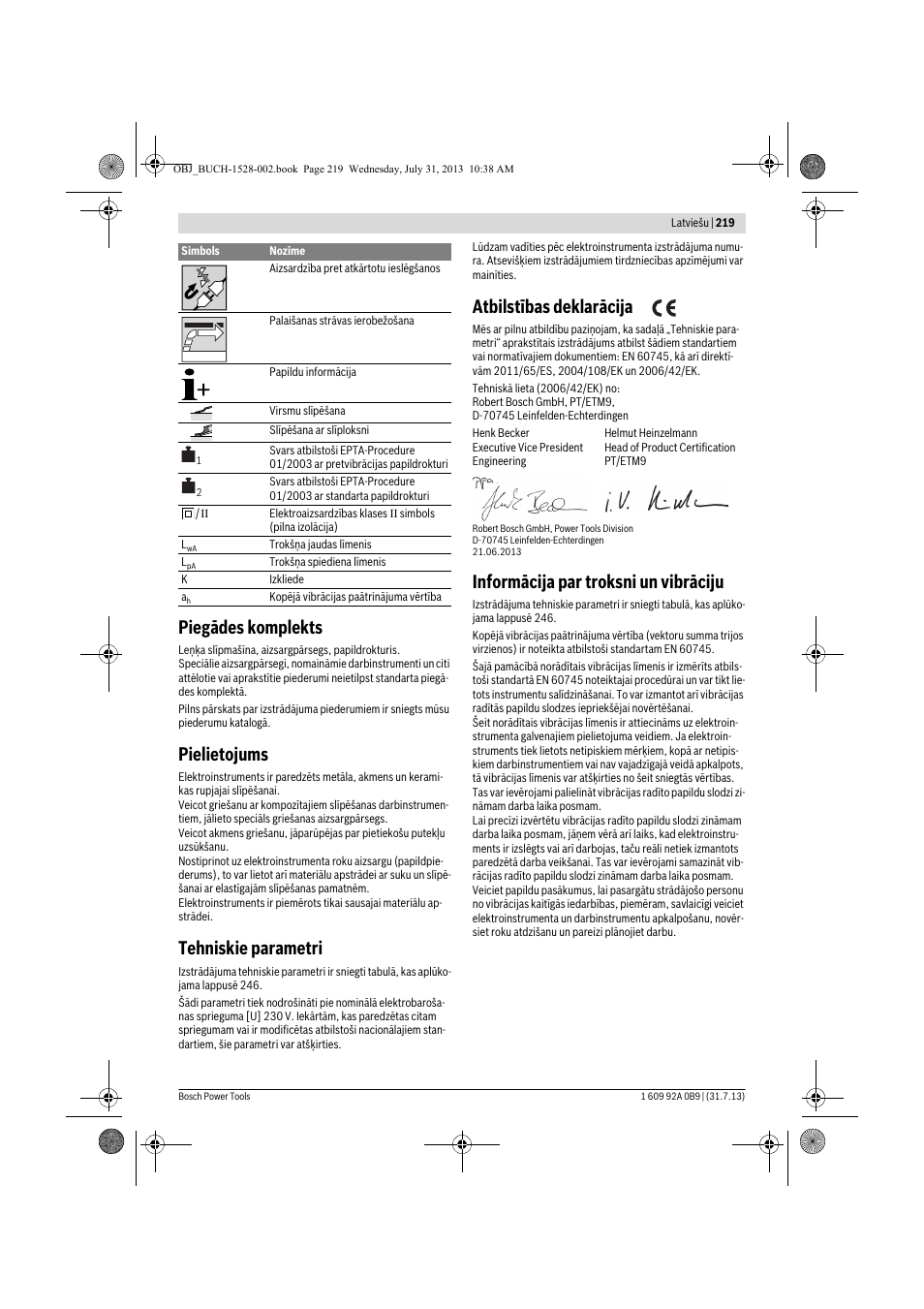 Piegādes komplekts, Pielietojums, Tehniskie parametri | Atbilstības deklarācija, Informācija par troksni un vibrāciju | Bosch GWS 24-230 LVI Professional User Manual | Page 219 / 259