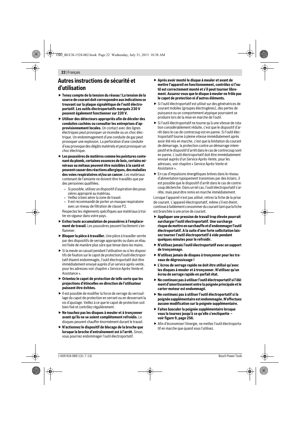 Autres instructions de sécurité et d’utilisation | Bosch GWS 24-230 LVI Professional User Manual | Page 22 / 259