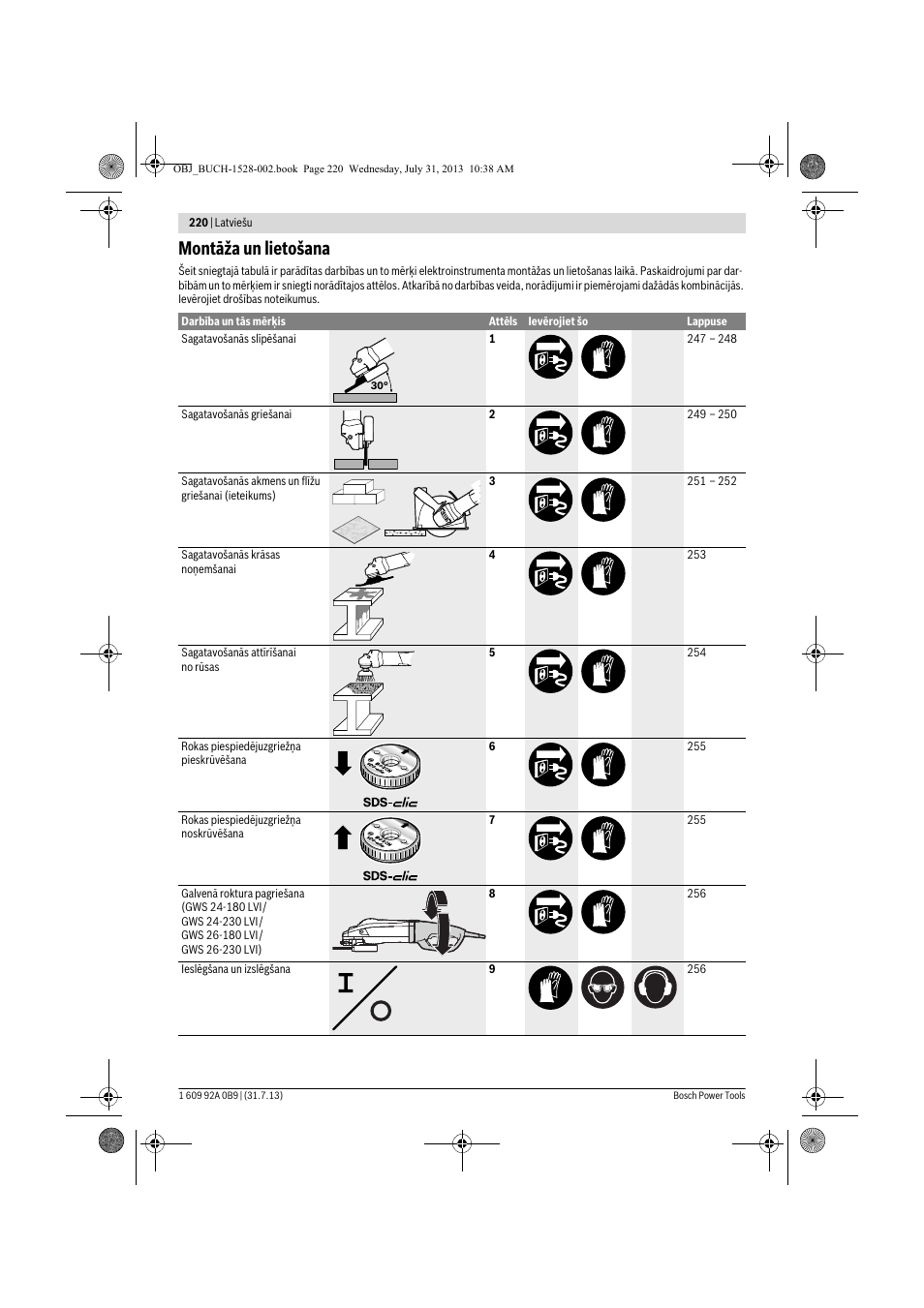 Montāža un lietošana | Bosch GWS 24-230 LVI Professional User Manual | Page 220 / 259