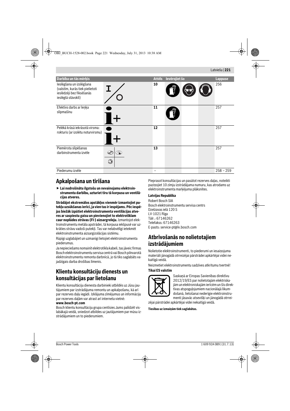 Apkalpošana un tīrīšana, Atbrīvošanās no nolietotajiem izstrādājumiem | Bosch GWS 24-230 LVI Professional User Manual | Page 221 / 259