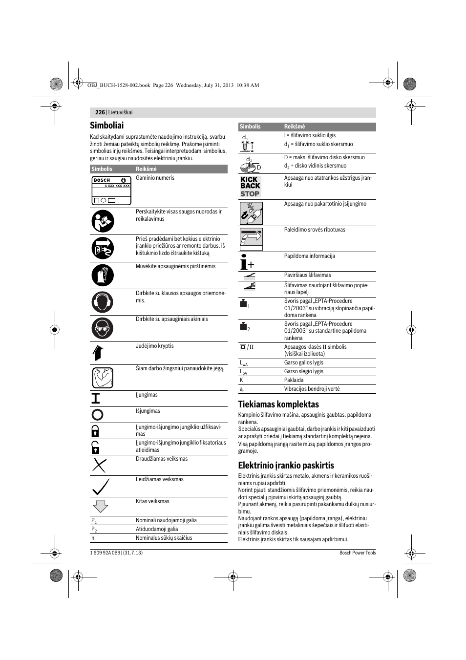 Simboliai, Tiekiamas komplektas, Elektrinio įrankio paskirtis | Bosch GWS 24-230 LVI Professional User Manual | Page 226 / 259