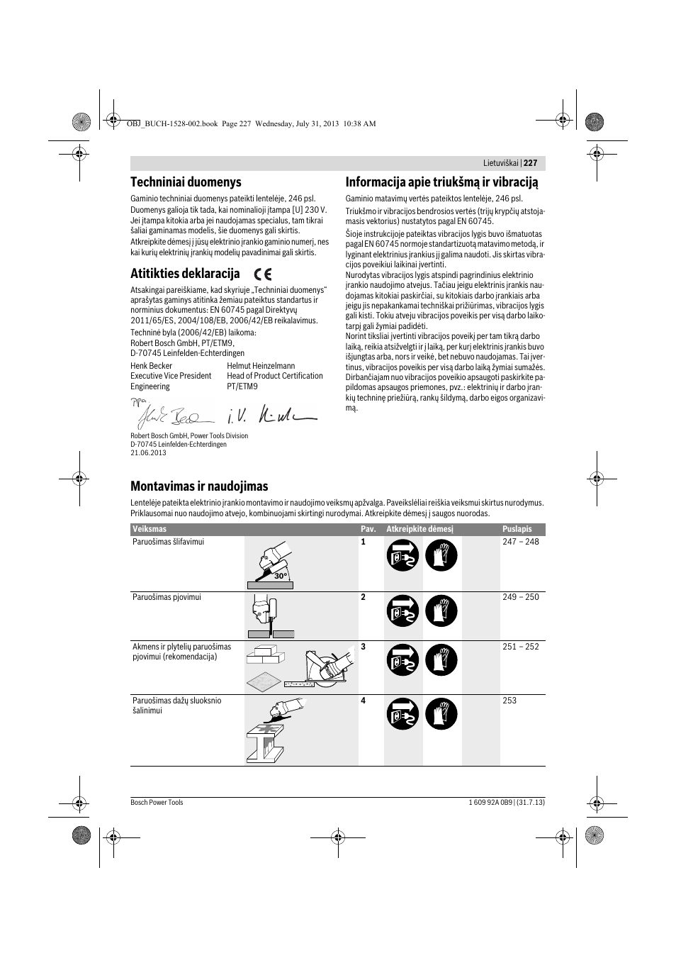 Techniniai duomenys, Atitikties deklaracija, Informacija apie triukšmą ir vibraciją | Montavimas ir naudojimas | Bosch GWS 24-230 LVI Professional User Manual | Page 227 / 259