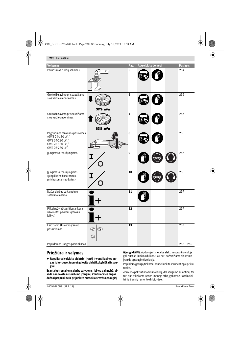 Priežiūra ir valymas | Bosch GWS 24-230 LVI Professional User Manual | Page 228 / 259