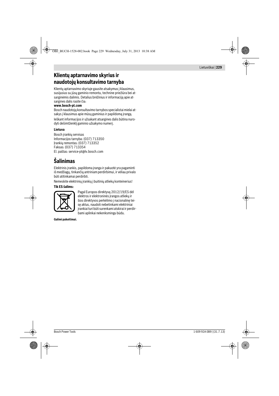 Šalinimas | Bosch GWS 24-230 LVI Professional User Manual | Page 229 / 259