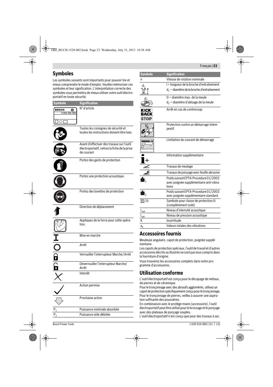 Symboles, Accessoires fournis, Utilisation conforme | Bosch GWS 24-230 LVI Professional User Manual | Page 23 / 259