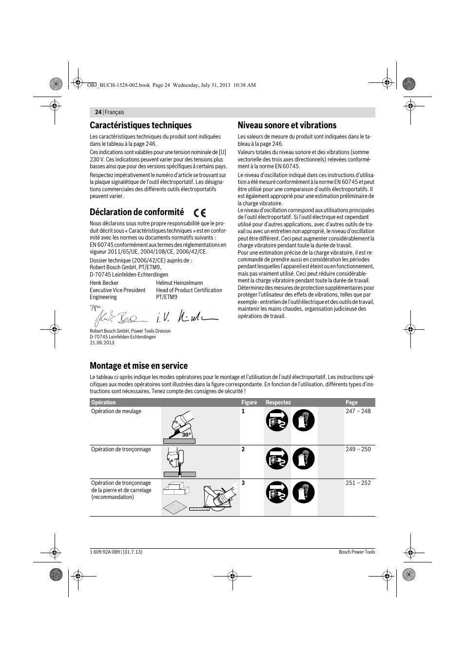 Caractéristiques techniques, Déclaration de conformité, Niveau sonore et vibrations | Montage et mise en service | Bosch GWS 24-230 LVI Professional User Manual | Page 24 / 259