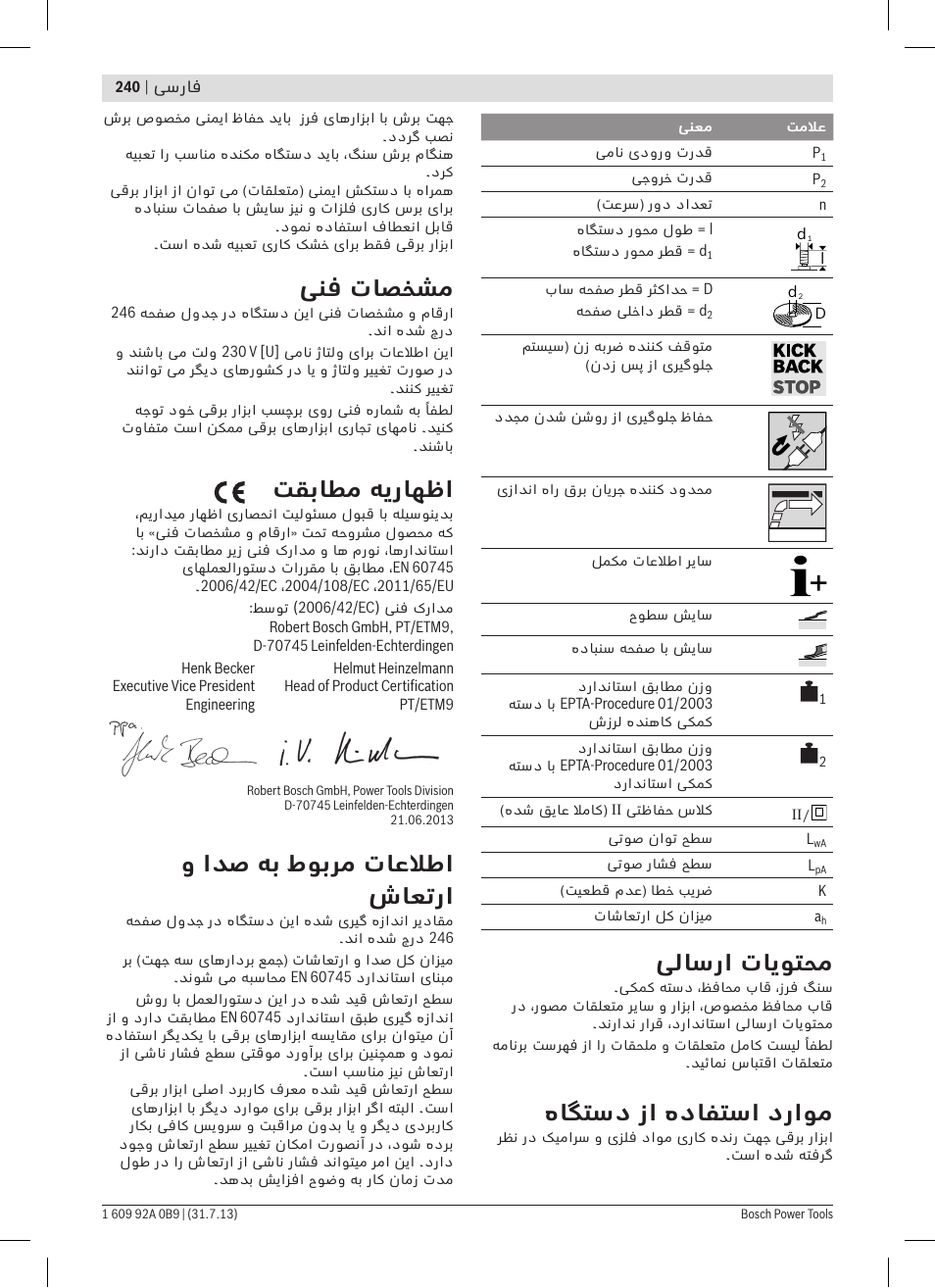 یلاسرا تایوتحم, هاگتسد زا هدافتسا دراوم, ینف تاصخشم | تقباطم هیراهظا, و ادص هب طوبرم تاعلاطا شاعترا | Bosch GWS 24-230 LVI Professional User Manual | Page 240 / 259