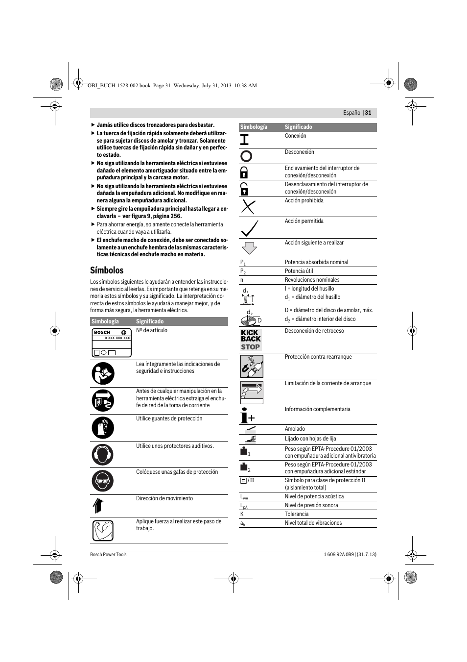 Símbolos | Bosch GWS 24-230 LVI Professional User Manual | Page 31 / 259