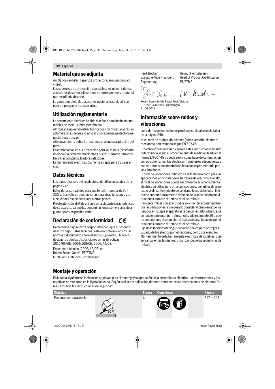 Material que se adjunta, Utilización reglamentaria, Datos técnicos | Declaración de conformidad, Información sobre ruidos y vibraciones, Montaje y operación | Bosch GWS 24-230 LVI Professional User Manual | Page 32 / 259