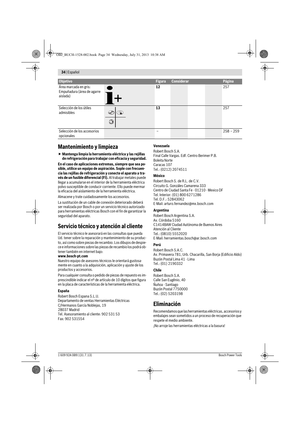 Mantenimiento y limpieza, Servicio técnico y atención al cliente, Eliminación | Bosch GWS 24-230 LVI Professional User Manual | Page 34 / 259