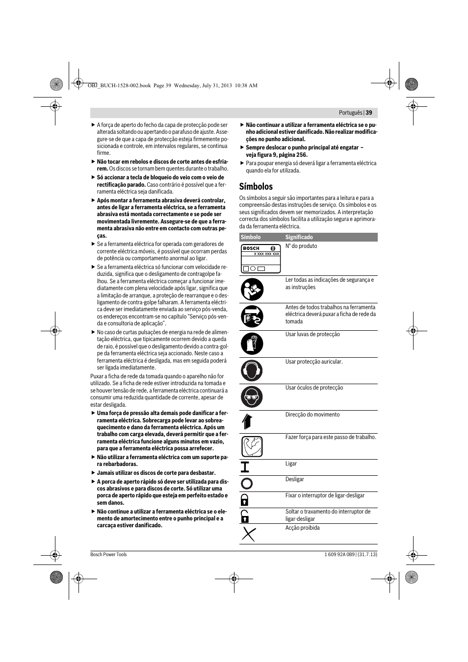 Símbolos | Bosch GWS 24-230 LVI Professional User Manual | Page 39 / 259