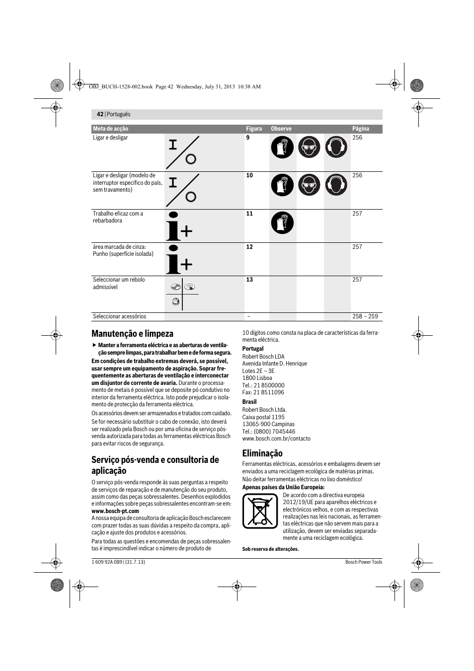 Manutenção e limpeza, Serviço pós-venda e consultoria de aplicação, Eliminação | Bosch GWS 24-230 LVI Professional User Manual | Page 42 / 259