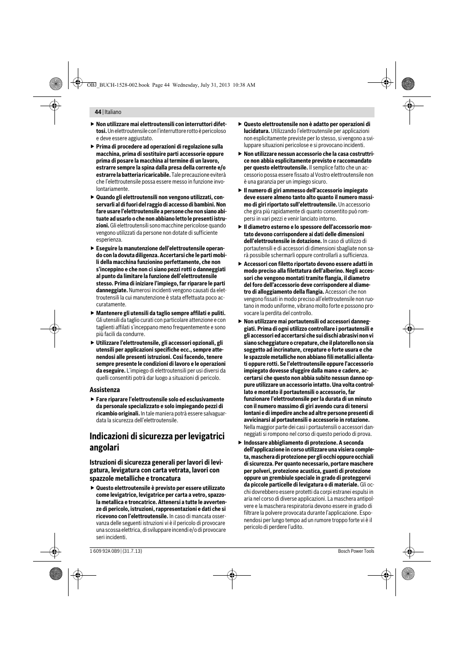 Indicazioni di sicurezza per levigatrici angolari | Bosch GWS 24-230 LVI Professional User Manual | Page 44 / 259