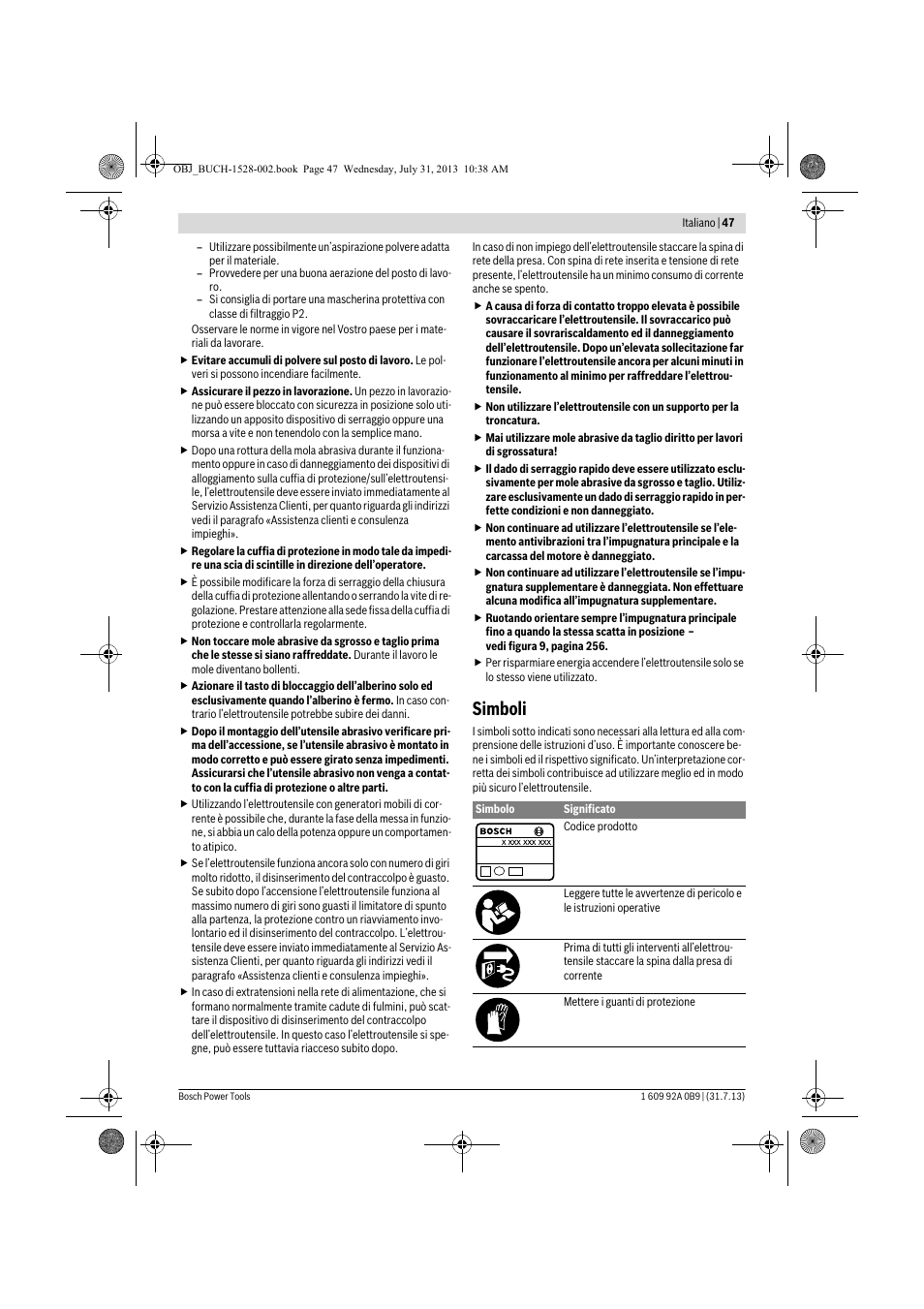 Simboli | Bosch GWS 24-230 LVI Professional User Manual | Page 47 / 259