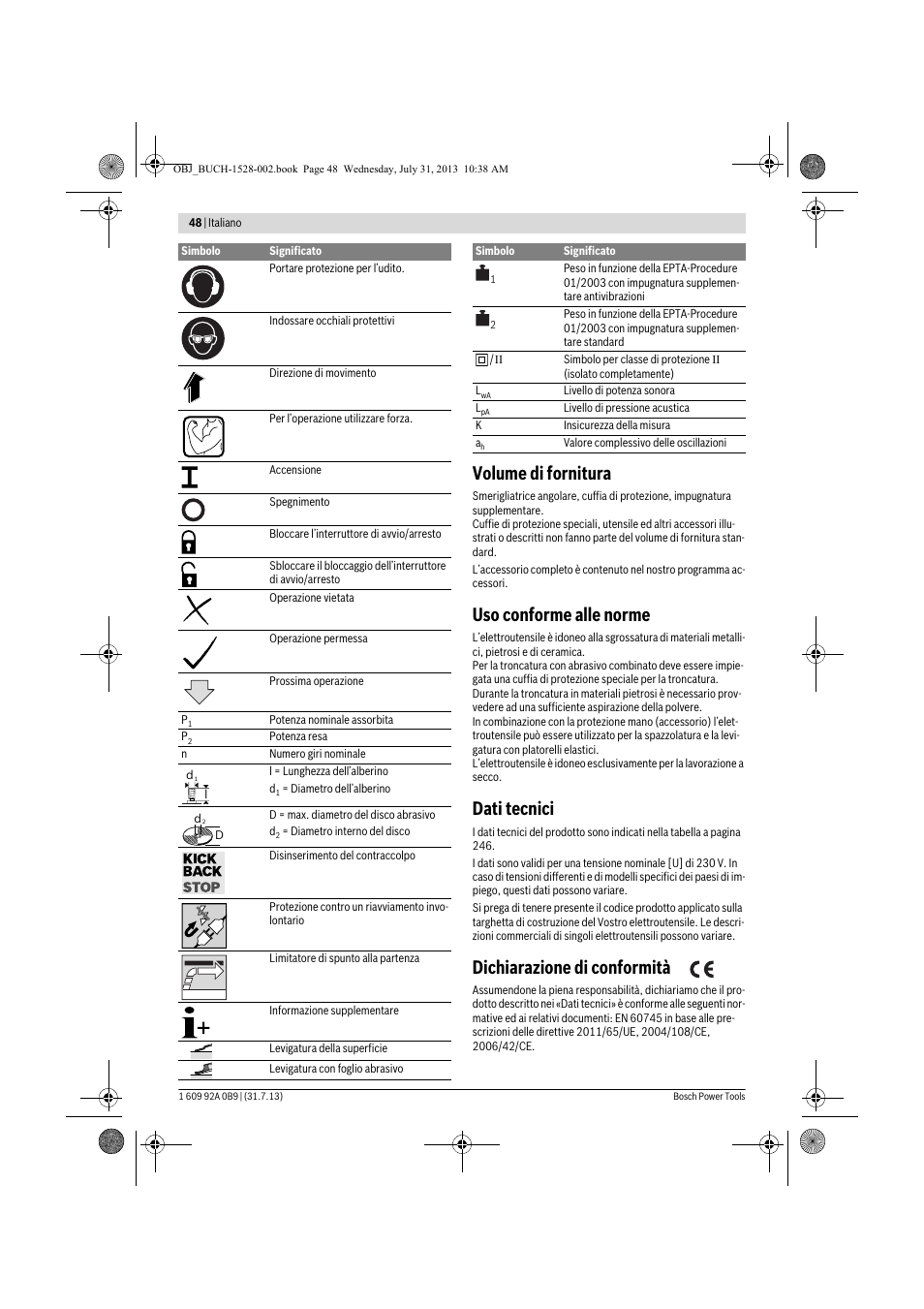 Volume di fornitura, Uso conforme alle norme, Dati tecnici | Dichiarazione di conformità | Bosch GWS 24-230 LVI Professional User Manual | Page 48 / 259