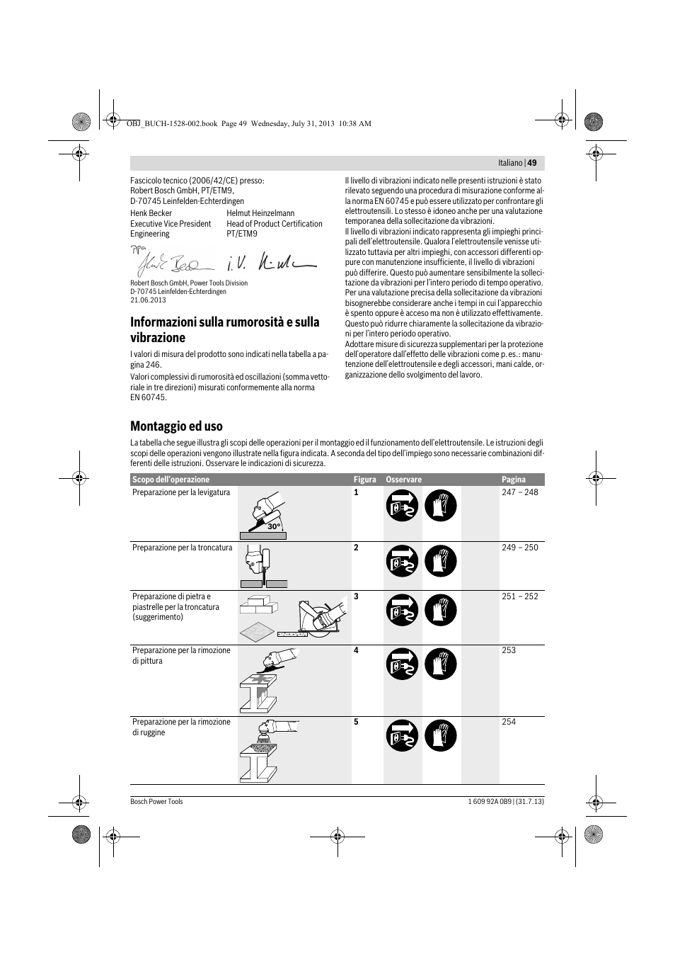 Informazioni sulla rumorosità e sulla vibrazione, Montaggio ed uso | Bosch GWS 24-230 LVI Professional User Manual | Page 49 / 259