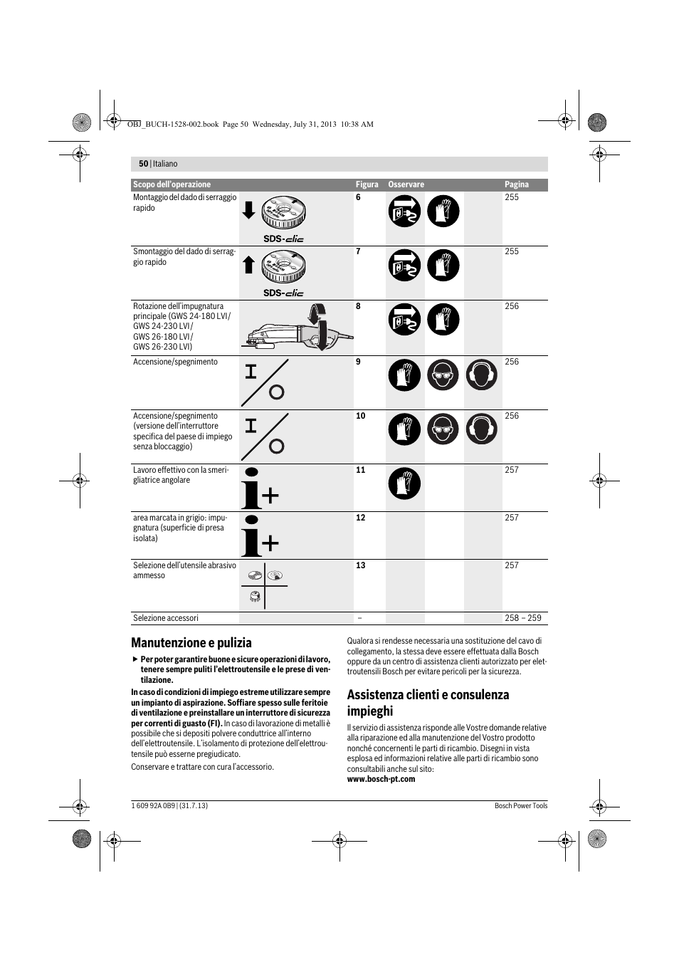 Manutenzione e pulizia, Assistenza clienti e consulenza impieghi | Bosch GWS 24-230 LVI Professional User Manual | Page 50 / 259