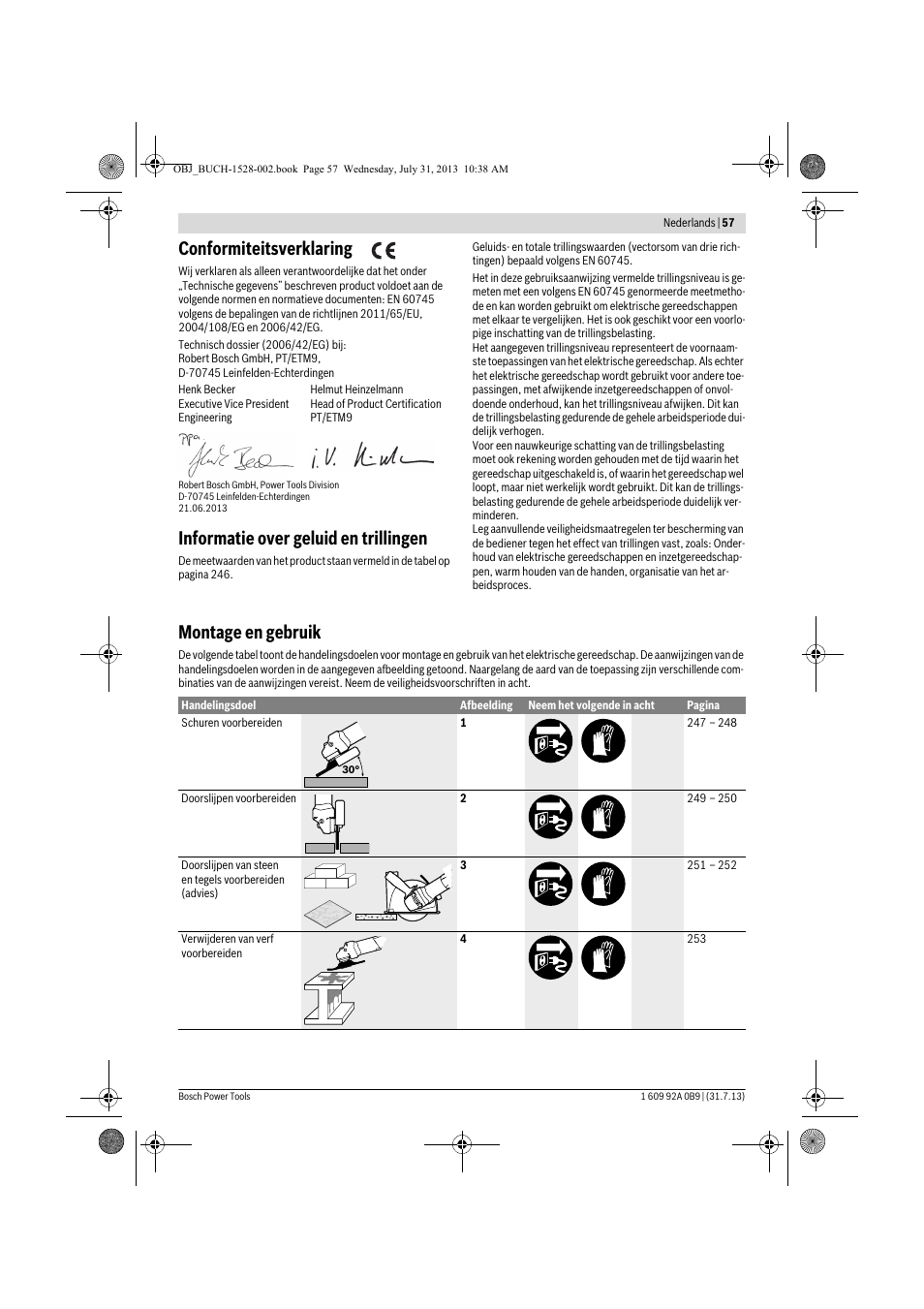 Conformiteitsverklaring, Informatie over geluid en trillingen, Montage en gebruik | Bosch GWS 24-230 LVI Professional User Manual | Page 57 / 259