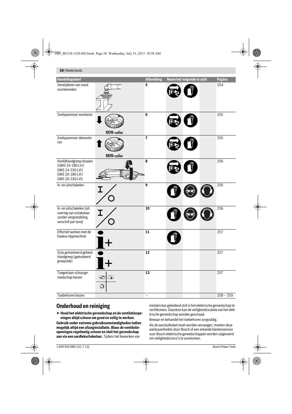 Onderhoud en reiniging | Bosch GWS 24-230 LVI Professional User Manual | Page 58 / 259