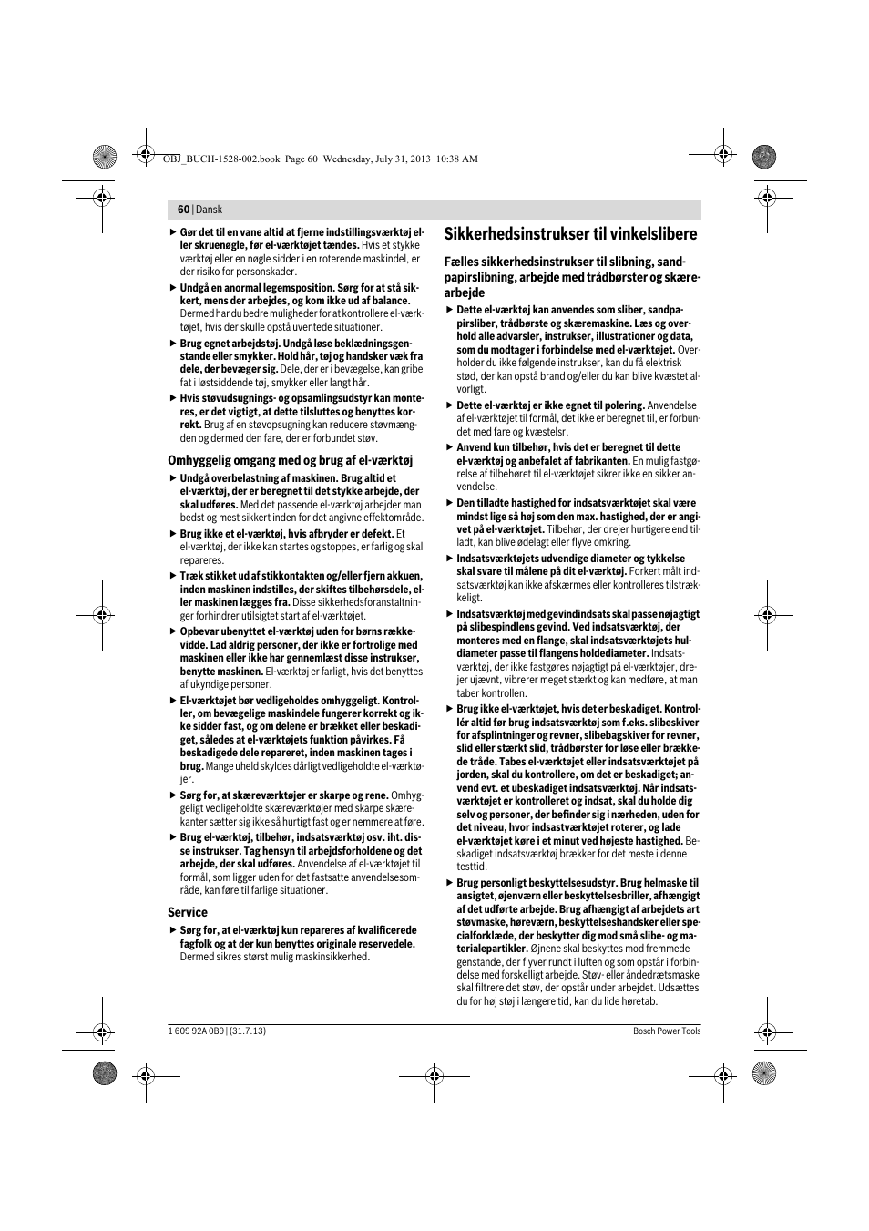 Sikkerhedsinstrukser til vinkelslibere | Bosch GWS 24-230 LVI Professional User Manual | Page 60 / 259