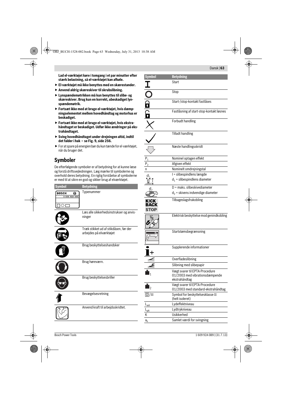 Symboler | Bosch GWS 24-230 LVI Professional User Manual | Page 63 / 259