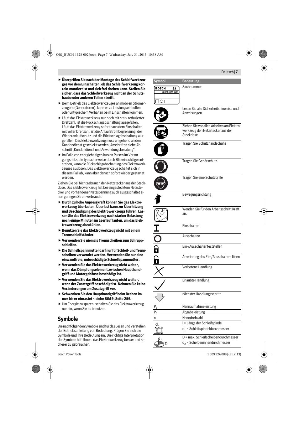 Symbole | Bosch GWS 24-230 LVI Professional User Manual | Page 7 / 259