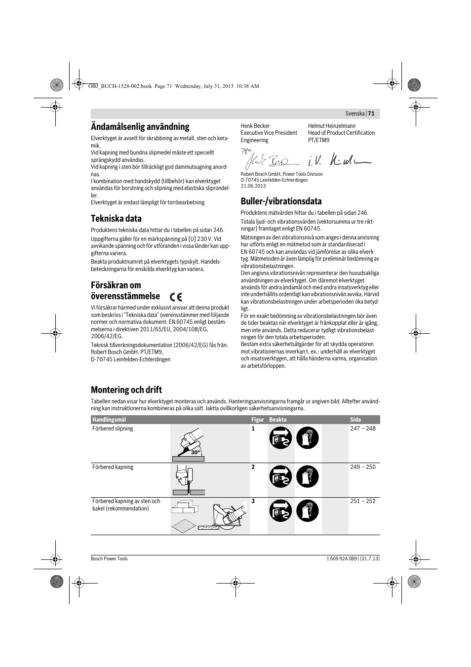 Ändamålsenlig användning, Tekniska data, Försäkran om överensstämmelse | Buller-/vibrationsdata, Montering och drift | Bosch GWS 24-230 LVI Professional User Manual | Page 71 / 259