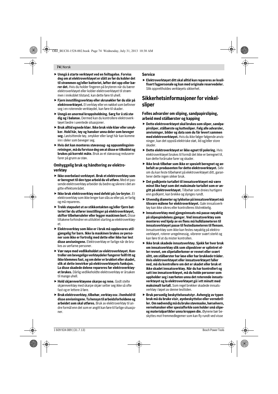 Sikkerhetsinformasjoner for vinkel- sliper | Bosch GWS 24-230 LVI Professional User Manual | Page 74 / 259