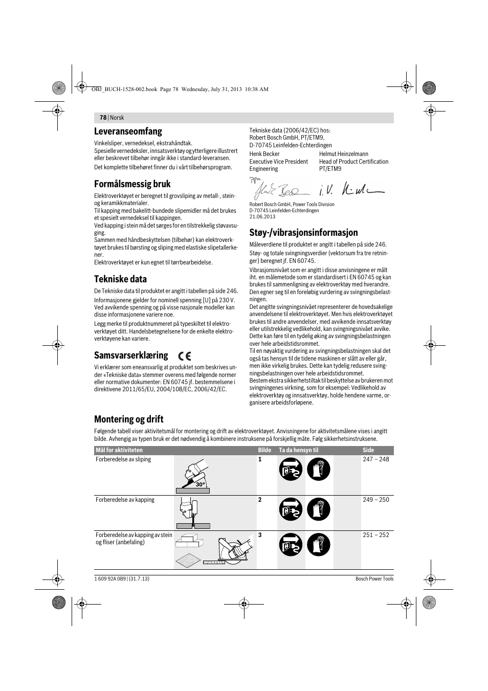 Leveranseomfang, Formålsmessig bruk, Tekniske data | Samsvarserklæring, Støy-/vibrasjonsinformasjon, Montering og drift | Bosch GWS 24-230 LVI Professional User Manual | Page 78 / 259