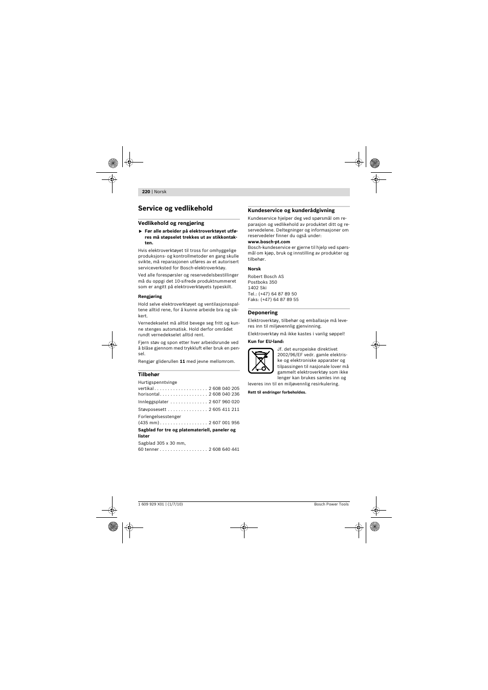 Service og vedlikehold | Bosch GCM 12 SD Professional User Manual | Page 220 / 620