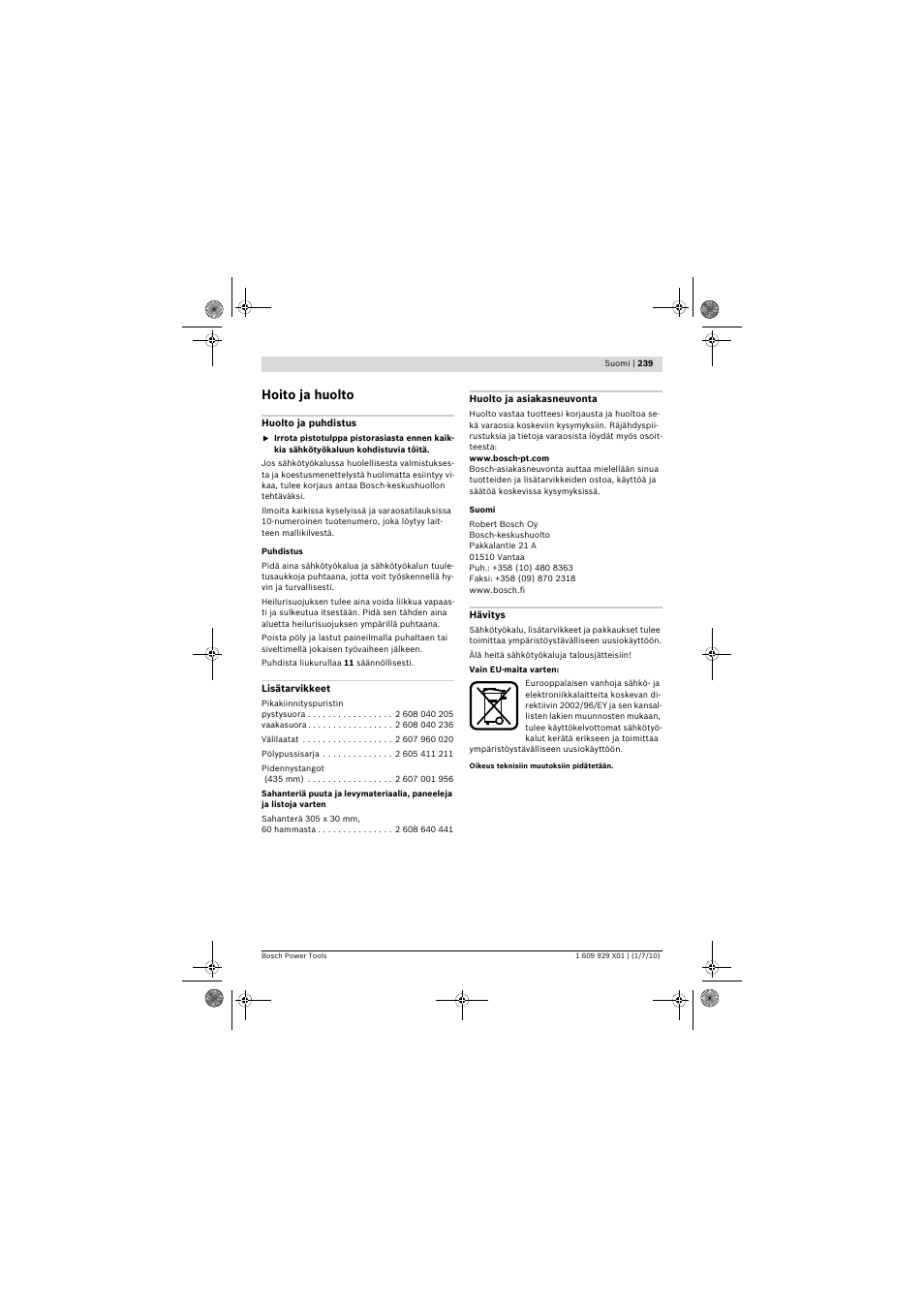 Hoito ja huolto | Bosch GCM 12 SD Professional User Manual | Page 239 / 620