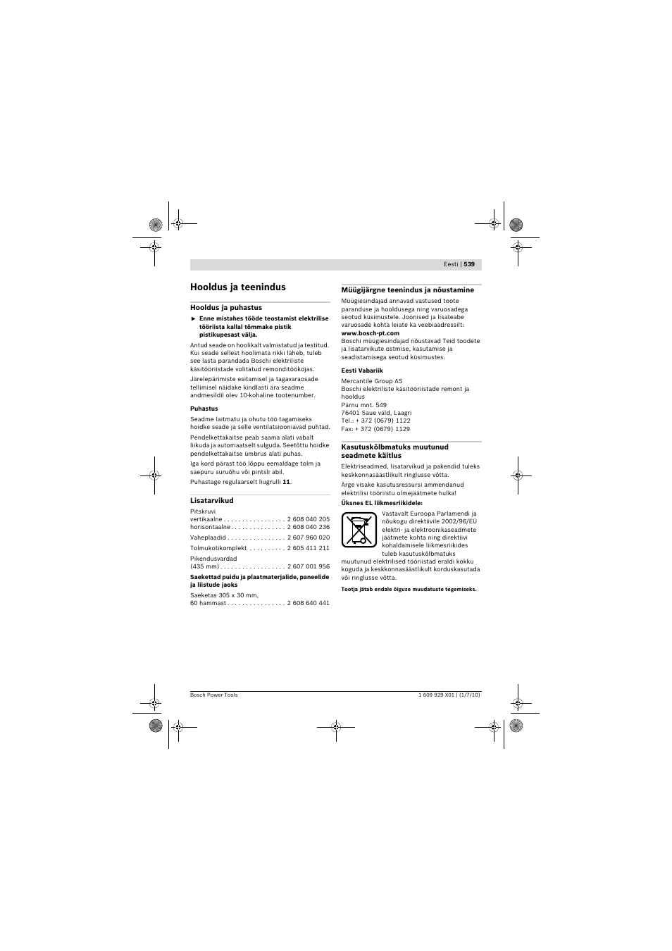 Hooldus ja teenindus | Bosch GCM 12 SD Professional User Manual | Page 539 / 620