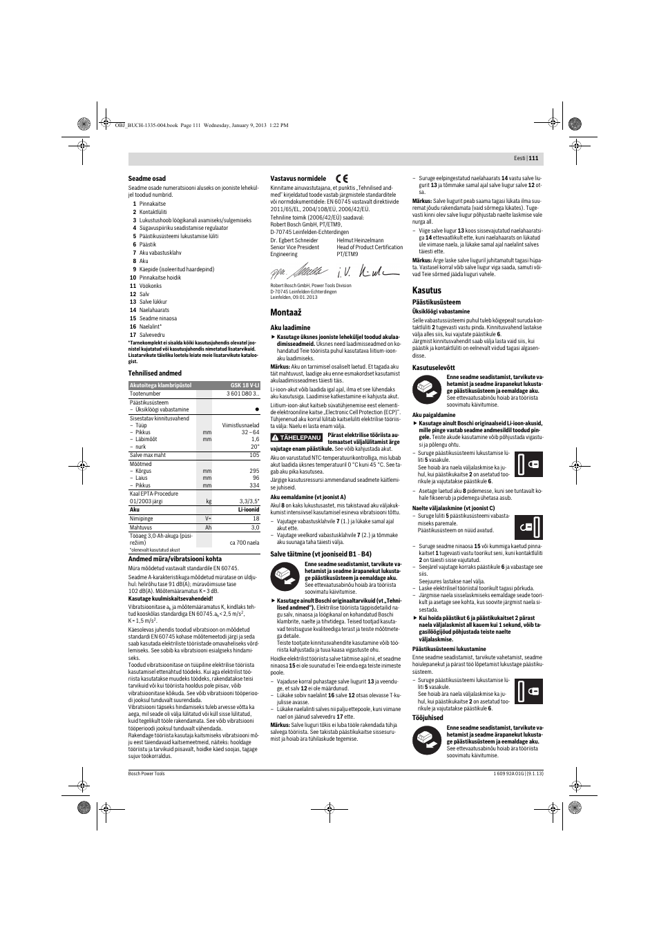 Montaaž, Kasutus | Bosch GSK 18 V-LI Professional User Manual | Page 111 / 130