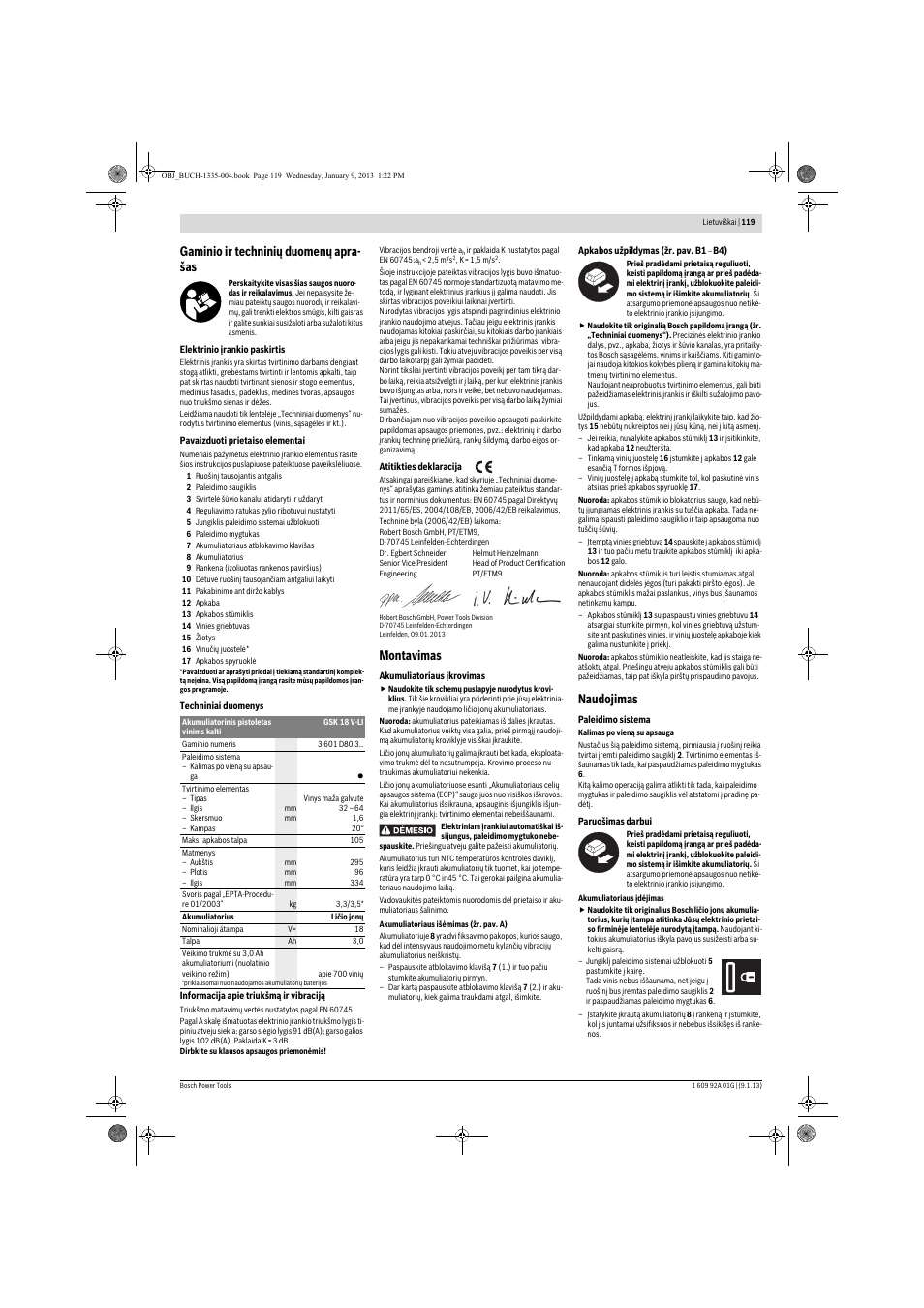 Gaminio ir techninių duomenų apra- šas, Montavimas, Naudojimas | Bosch GSK 18 V-LI Professional User Manual | Page 119 / 130