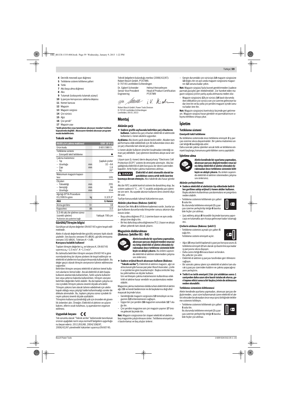 Montaj, Işletim | Bosch GSK 18 V-LI Professional User Manual | Page 59 / 130