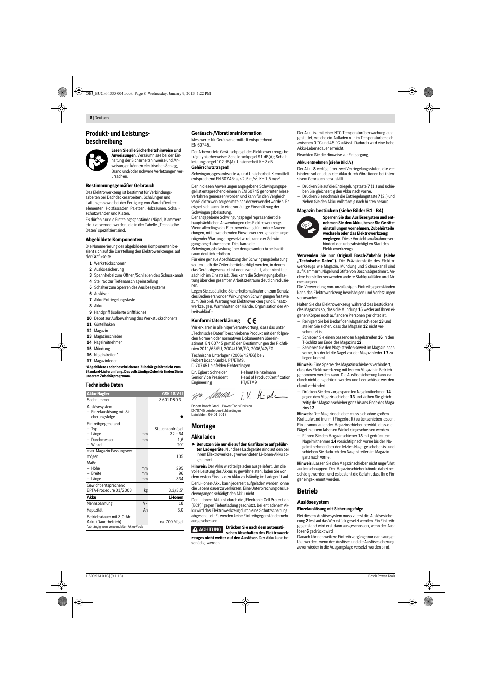 Produkt- und leistungs- beschreibung, Montage, Betrieb | Bosch GSK 18 V-LI Professional User Manual | Page 8 / 130