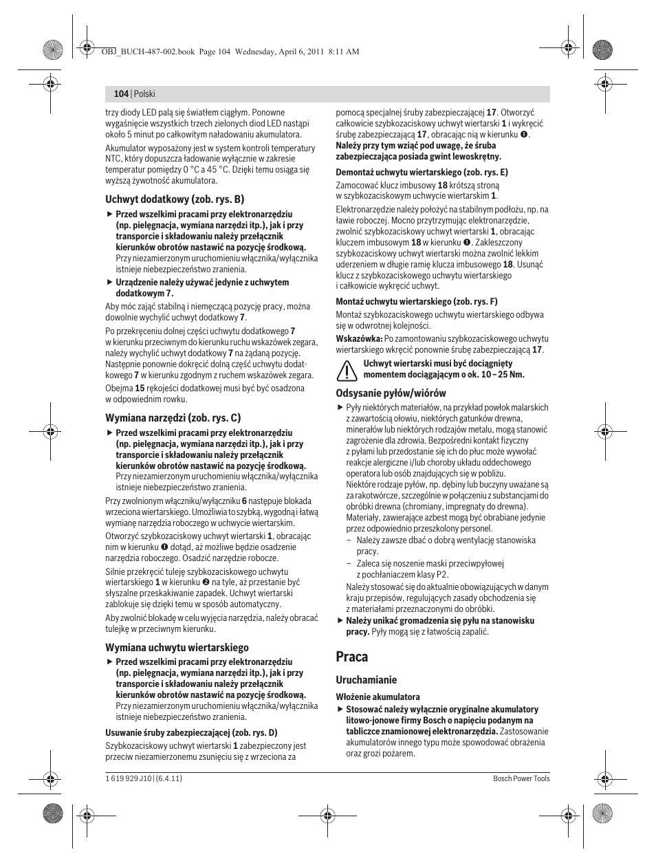 Praca | Bosch GSR 36 V-LI Professional User Manual | Page 104 / 217
