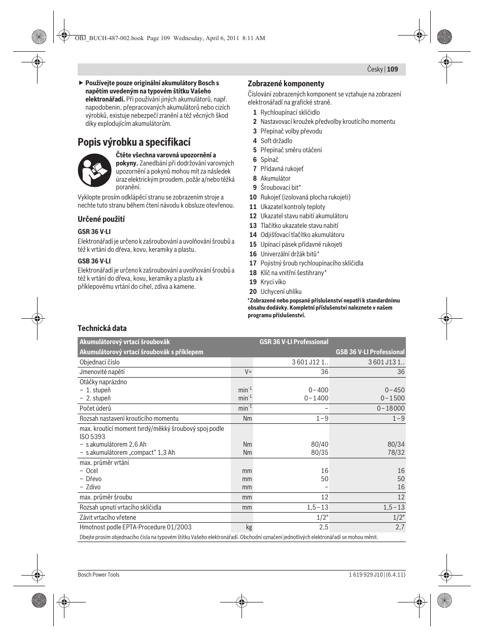 Popis výrobku a specifikací | Bosch GSR 36 V-LI Professional User Manual | Page 109 / 217