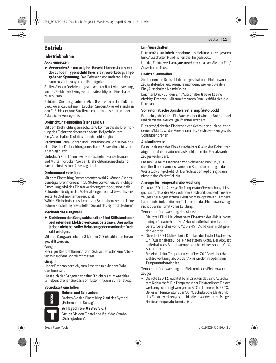 Betrieb | Bosch GSR 36 V-LI Professional User Manual | Page 11 / 217