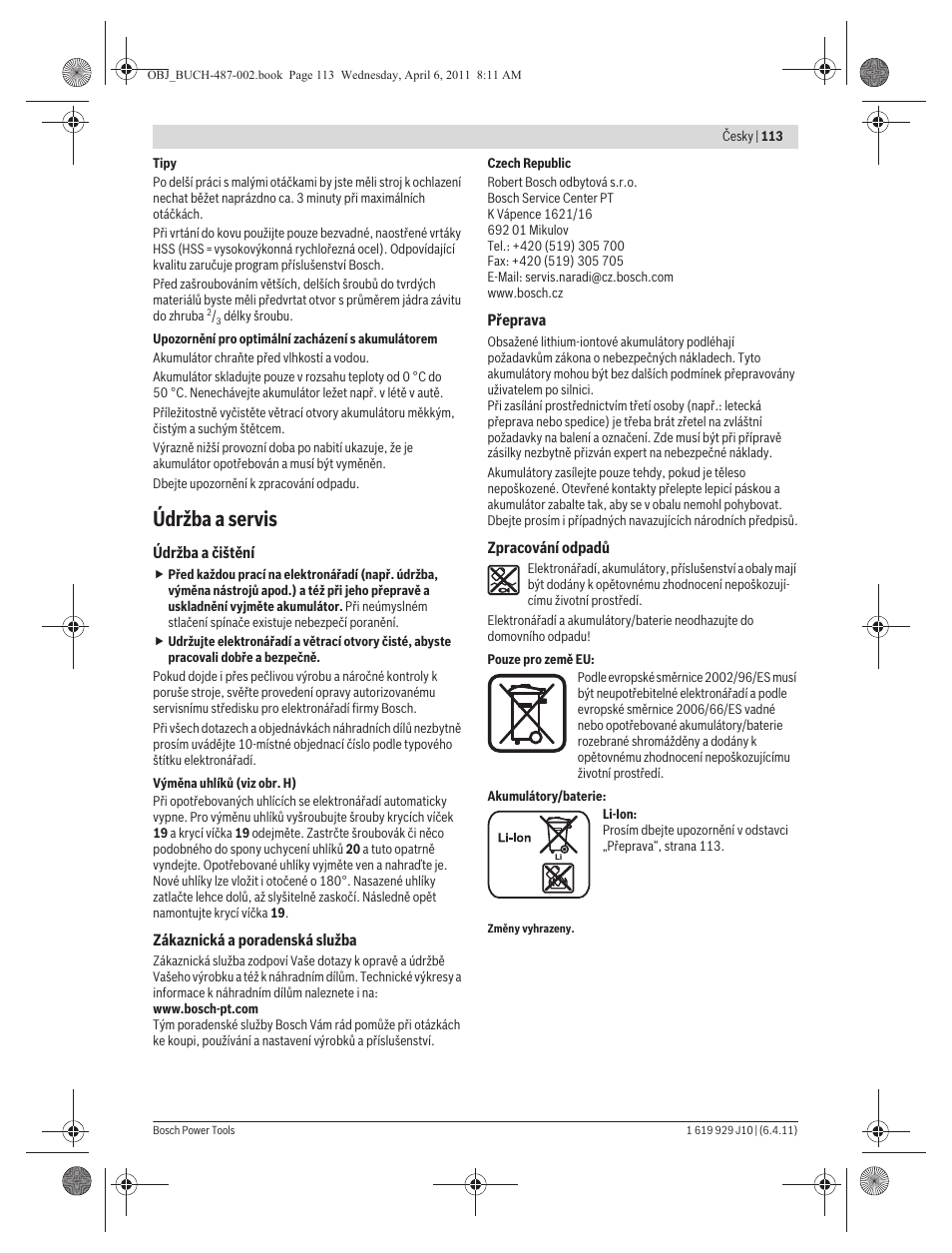 Údržba a servis | Bosch GSR 36 V-LI Professional User Manual | Page 113 / 217