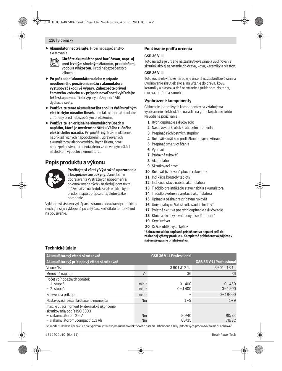 Popis produktu a výkonu | Bosch GSR 36 V-LI Professional User Manual | Page 116 / 217