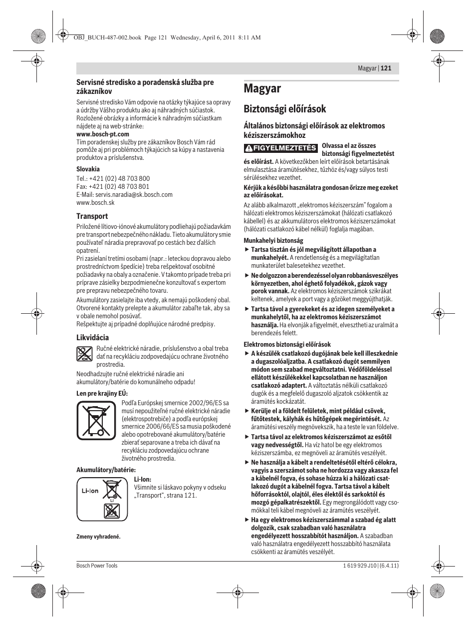Magyar, Biztonsági előírások | Bosch GSR 36 V-LI Professional User Manual | Page 121 / 217