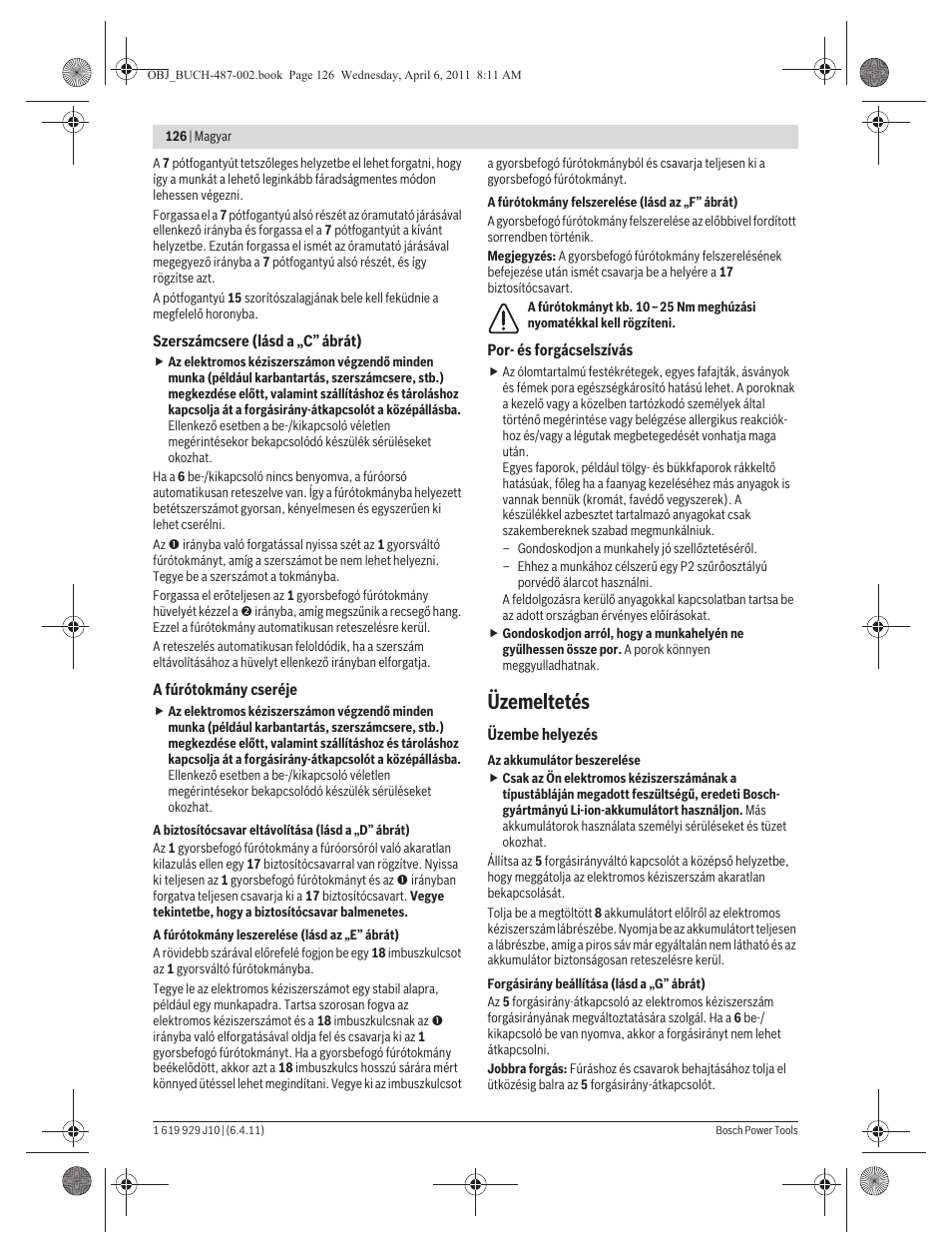 Üzemeltetés | Bosch GSR 36 V-LI Professional User Manual | Page 126 / 217